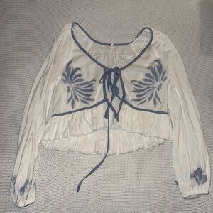 Free People Lookout Blouse Top - White and Blue